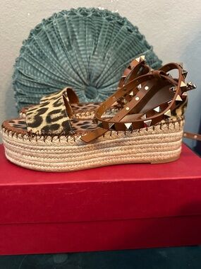 Valentino rockstudEspadrille Sandals with Leopard Print and Studded Ankle Straps